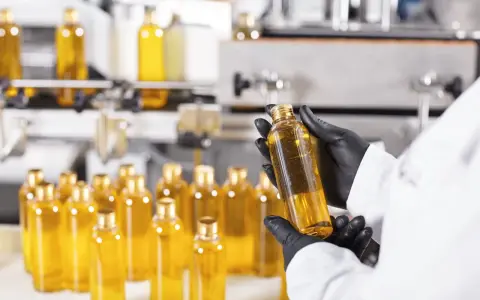 Manos enguantadas revisan botellas de líquido dorado, quizás para advertir que el aceite de girasol es malo.