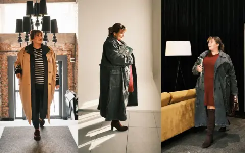 Kobieta w różnych stylizacjach plus-size: płaszcze, sukienka, sweter, spodnie.
