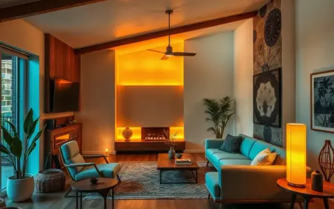 Salón de estilo mid century con sofá azul, chimenea iluminada y vigas de madera.