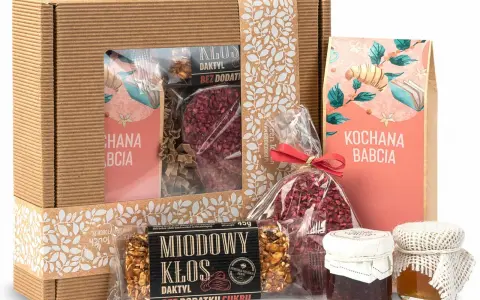 Prezent dla Kochanej Babci: słodki miód, dżem malinowy i batonik daktylowy. Idealny na Dzień Babci!