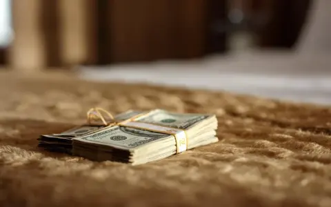 Stos banknotów dolarowych związany złotą wstążką, leżący na brązowym, futrzanym tle.