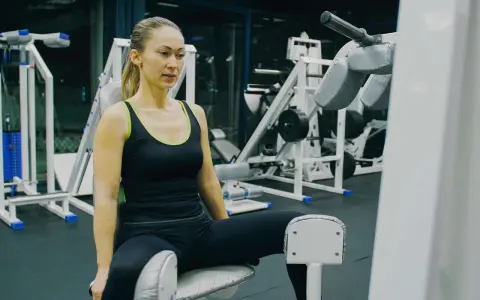 Frau trainiert ihre Adduktoren an einem Fitnessgerät im Studio.