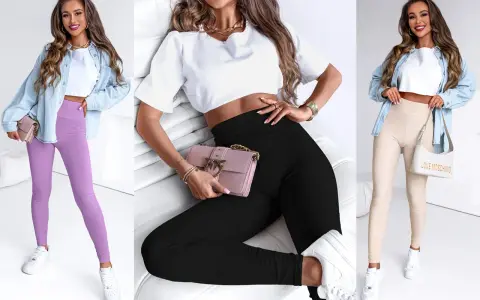 Trzy kobiety prezentują stylizacje z legginsami: fioletowymi, czarnymi i beżowymi. Brązowe legginsy stylizacje to klasyka, ale te kolory też są modne.