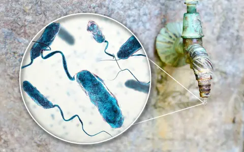 Kolerabakterier syns i förstoring nära en gammal kran, en påminnelse om vikten av vaccin mot kolera.