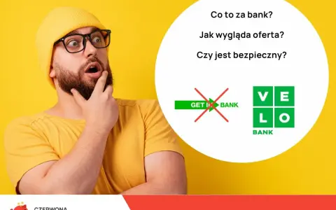 Zaskoczony mężczyzna zastanawia się, czy Velo Bank jest bezpieczny. Obok pytania o bezpieczeństwo banku widnieje logo Velo Bank.