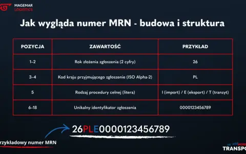 Tabela wyjaśniająca budowę numeru MRN: rok, kod kraju, rodzaj procedury i unikalny identyfikator. Przykład: 26PLE0000123456789.