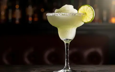 En frostig frozen margarita med saltkant och limeklyfta, perfekt för en varm dag.