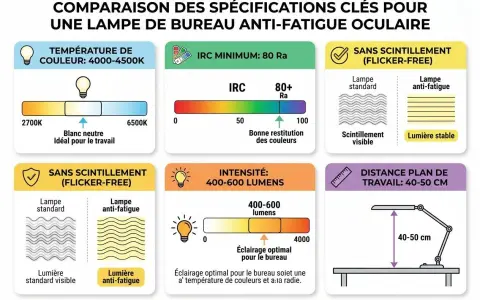 Comparaison des spécifications d'une lampe de bureau anti-fatigue : température de couleur, IRC, absence de scintillement, intensité et distance de travail.
