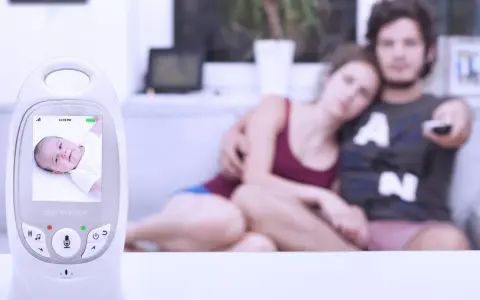 Ein Babyphone mit Bildschirm zeigt ein Baby. Im Hintergrund entspannen sich Eltern auf dem Sofa.