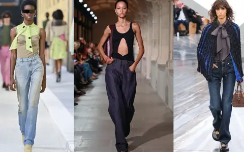 Drei Models präsentieren lässige Jeans-Looks. Eine trägt eine hellblaue, locker sitzende Jeans, die nächste eine dunkle, weite Jeans. Die dritte kombiniert eine dunkle Jeans mit einem auffälligen Strickmantel.