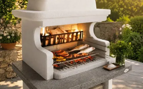Una succulenta grigliata di pesce e spiedini cuoce su un barbecue in pietra, con fiamme vive e un contorno verdeggiante.