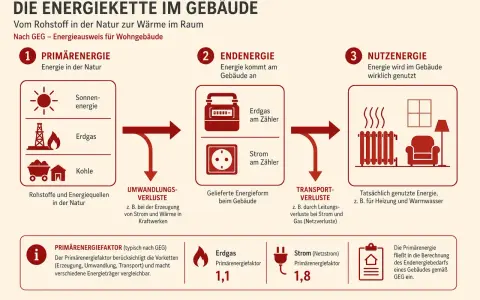 Die Energiekette im Gebäude: Von Rohstoffen zur Nutzung. Primärenergie (Sonne, Gas, Kohle) wird zu Endenergie (Gas, Strom) und dann zu Nutzenergie (Heizung). Primärenergiefaktoren helfen, den Endenergiebedarf zu berechnen.