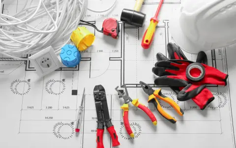 Outils d'électricien sur un plan : fils, prises, tournevis, pinces, marteau, casque et gants pour installer le courant électrique.