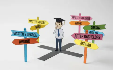 Ragazzo con tocco pensa a un bivio con cartelli: "Master's Degree", "Work", "Abroad", "After Bachelors". Si può fare un master senza laurea?