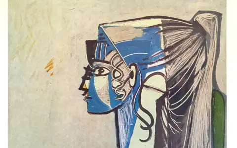 Picasso's portrait of Sylvette David, a striking profile in blue and white with flowing hair.