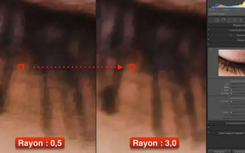 Comparaison de la netteté photo gratuit : rayon 0,5 vs 3,0. Zoom sur des cils, montrant l'impact du réglage du rayon sur la netteté.