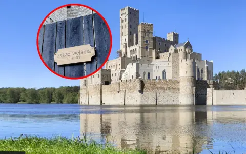 Zamek w Stobnicy, otoczony wodą, z tabliczką "zakaz wejścia". Wnętrze zamku niedostępne.