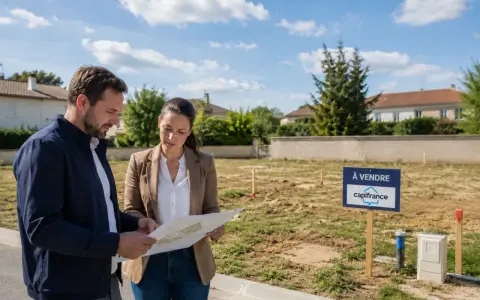 Un couple examine un plan sur un terrain à vendre, projetant d'acheter pour construire une maison.