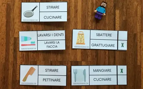 Schede per le azioni classe prima: stirare, cucinare, lavarsi i denti, lavarsi la faccia, sbattere, grattugiare, pettinare, mangiare.