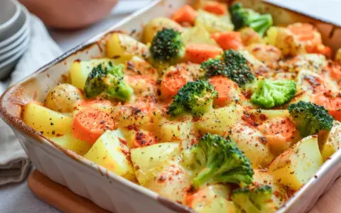 Pieczone ziemniaki, marchewka i brokuły w naczyniu żaroodpornym, posypane przyprawami.