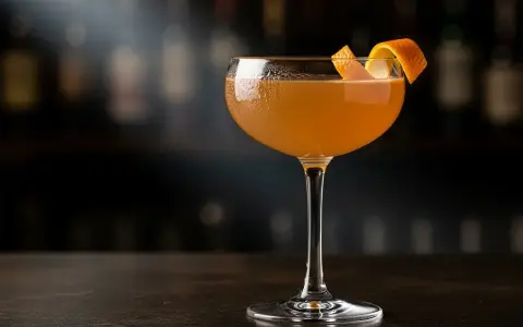 En elegant el presidente cocktail med apelsinzest på en mörk bardisk, med suddiga flaskor i bakgrunden.