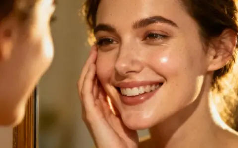 Un sourire radieux, une peau éclatante et des taches de rousseur. Elle se touche le visage, savourant le bien-être d'une peau hydratée en profondeur.