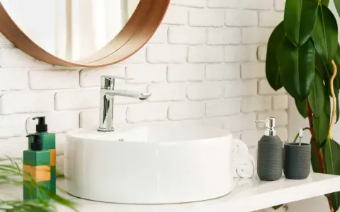 Instalar lavabo sobre encimera: un baño moderno con lavabo blanco, grifería cromada, espejo redondo y plantas.