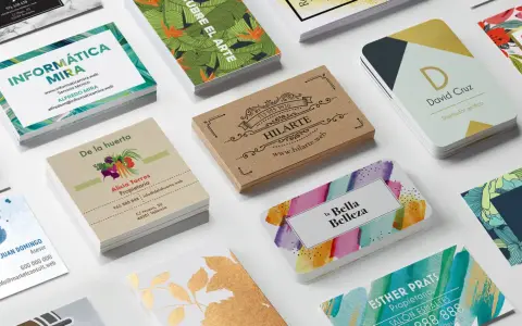 Variedad de tarjetas de presentación con diseños modernos y creativos, mostrando el tamaño estándar para tu negocio.