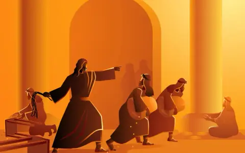 Jesus, with a whip, drives out merchants from the temple. This scene illustrates why Jesus flipped tables, angered by the commercialization of sacred space.