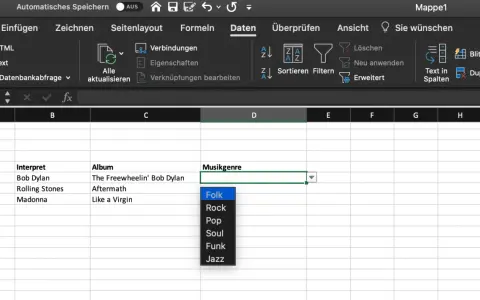 Excel-Tabelle mit dynamischer Dropdown-Liste für Musikgenres. Die Liste zeigt Optionen wie Folk, Rock, Pop, Soul, Funk und Jazz.