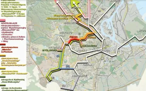 Mapa komunikacyjna z zaznaczonymi trasami, w tym 126 rozkład jazdy Banino. Kolorowe linie pokazują połączenia między dzielnicami.