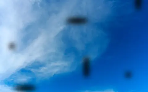 Macchie scure fluttuanti nel cielo azzurro, simili a quelle che si vedono per le miodesopsie cause.