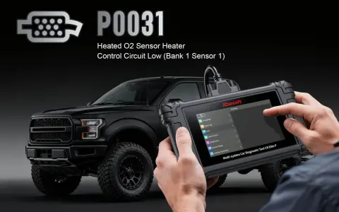 Diagnosing a P0031 code: Heated O2 Sensor Heater Control Circuit Low on a black truck with an iCarsoft diagnostic tool.