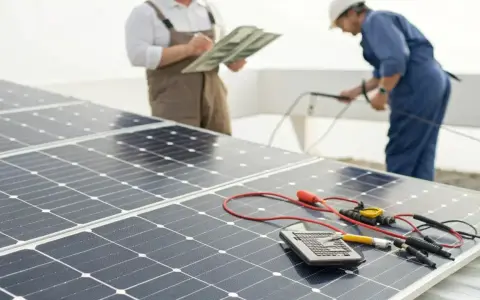 Techniciens effectuant le calcul batterie solaire, avec des panneaux solaires et du matériel de mesure.