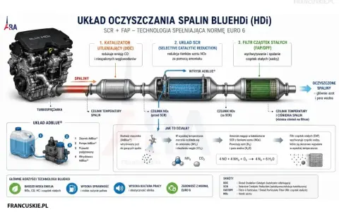 Schemat układu oczyszczania spalin BlueHDi dla silnika 1.9 tdi. Pokazuje turbosprężarkę, katalizator DOC, układ SCR z wtryskiem AdBlue i filtr FAP/DPF.