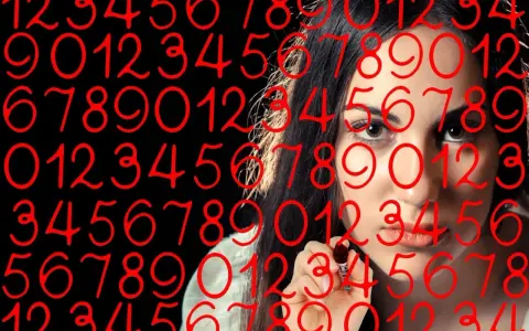 Kobieta pisze cyfry, wśród których widać numerologiczną 4 i 9.