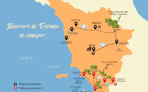 Mappa di itinerari in Toscana in macchina, con tappe a Lucca, Pisa, Firenze, Siena, Arezzo, Grosseto e la costa.