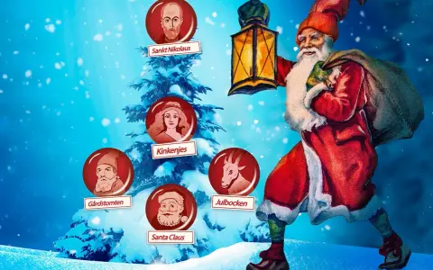 Tomten har många ansikten! Bilden visar Sankta Nikolaus, Kinkenjes, Gårdstomten, Julbocken och Santa Claus, som alla bidrar till frågan: vart kommer tomten ifrån?