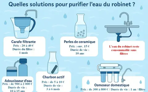 Diverses méthodes pour purifier l'eau du robinet naturellement : carafes filtrantes, perles de céramique, charbon actif, adoucisseurs, osmoseurs.