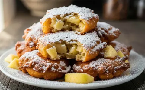Buñuelos de manzana dorados y esponjosos, espolvoreados con azúcar glas. Un bocado dulce y crujiente.