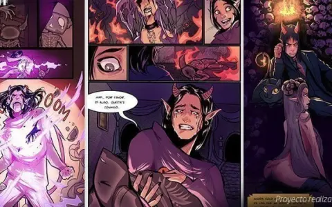 Comic de 4 viñetas para niños. Muestra personajes demoníacos en escenas de acción y drama, con un estilo artístico oscuro y vibrante.