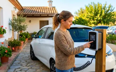 Mujer interactúa con cargador de coche eléctrico, preparándose para el futuro del transporte, quizás con un plan auto plus 2026 boe.
