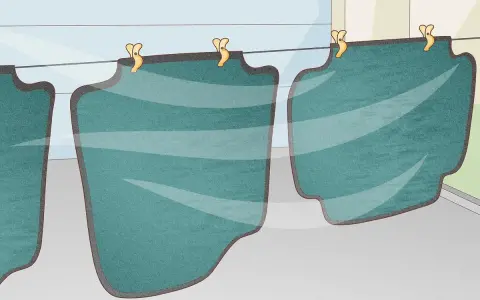 Fussmatten waschen: Mehrere grüne Automatten hängen an einer Wäscheleine und trocknen.