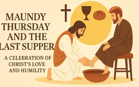 Jesus washes feet, symbolizing love and humility, as depicted in Holy Thursday scripture readings. A chalice and bread are shown.
