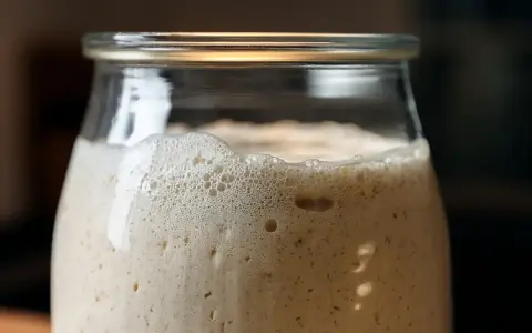 Ein Glas mit schaumigem Sauerteig, der sich nicht verdoppelt. Kleine Bläschen und eine cremige Textur sind sichtbar.