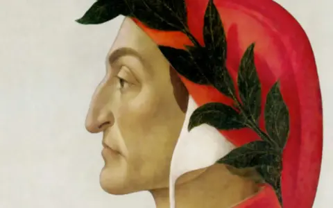 Ritratto di Dante Alighieri con corona d'alloro, un monito: "lasciate ogni speranza o voi che entrate".