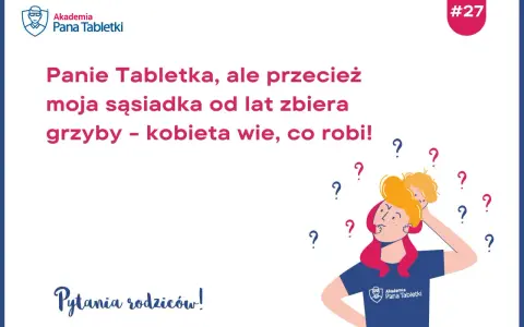 Rodzice zastanawiają się, od ilu lat dzieci mogą jeść grzyby. Ilustracja przedstawia zamyśloną osobę z dzieckiem na ramionach, otoczoną znakami zapytania.