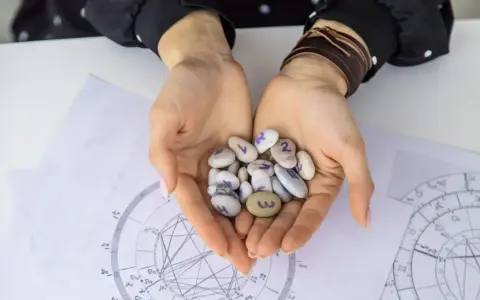 Dłonie trzymają kamyki z numerami, jeden z nich to 3, co może symbolizować numerologiczną 6. W tle wykresy astrologiczne.