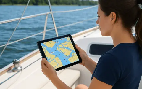 Une femme sur un voilier consulte une tablette affichant une carte marine avec des informations de trafic AIS français.