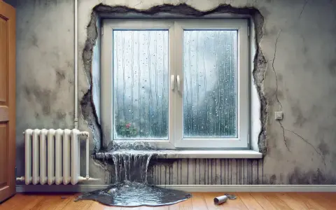 Una ventana con goteras y agua acumulada en el alféizar, evidenciando la falta de estanqueidad al agua en las ventanas.
